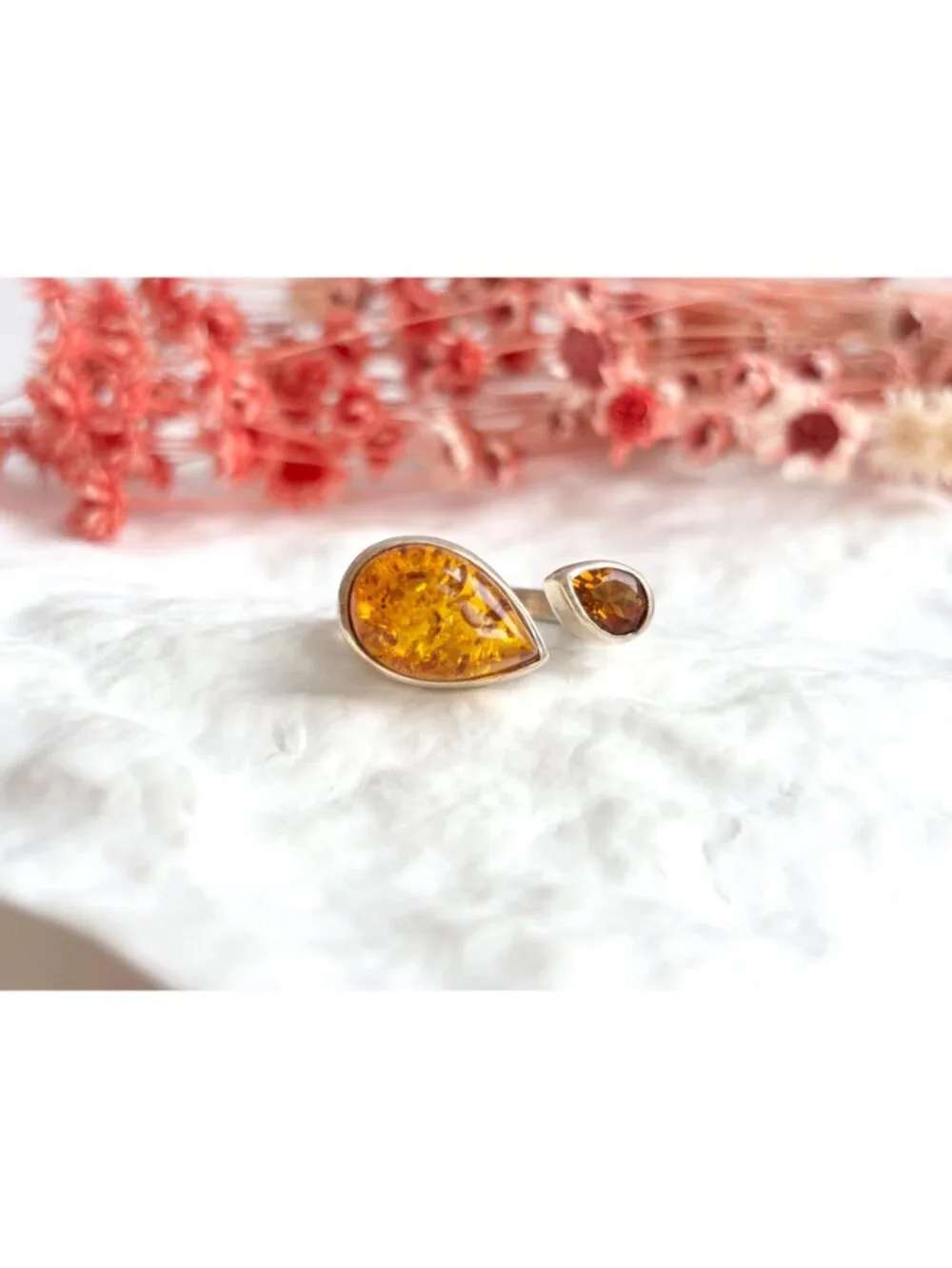 Modernist Baltic Amber Citrine Open Shank Sterling Silver 925 Vintage Ring sz 8